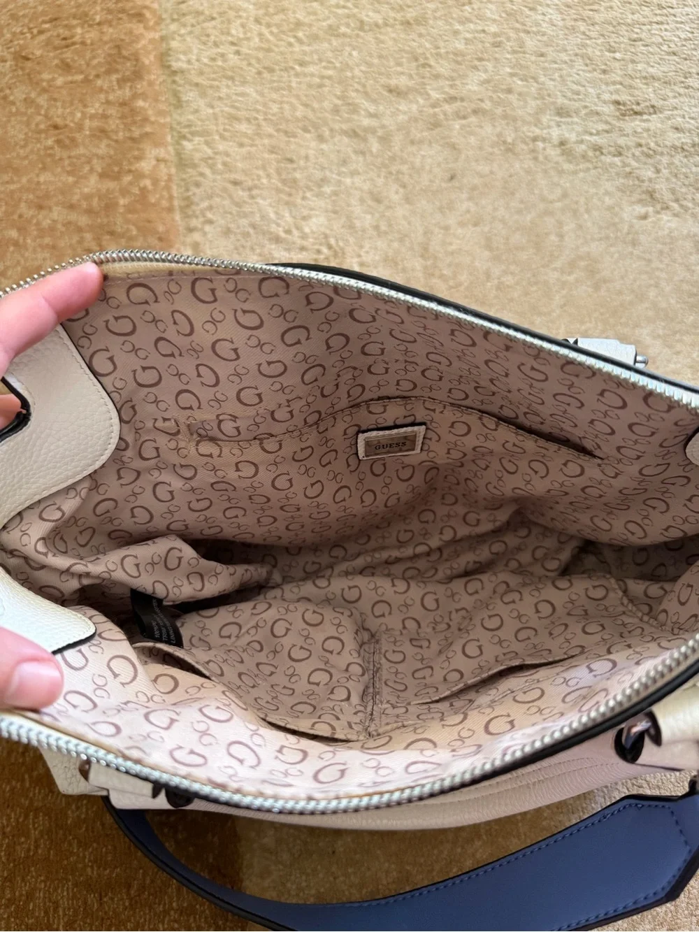 GUESS White Satchel with Blue Floral Accents and Navy Strap